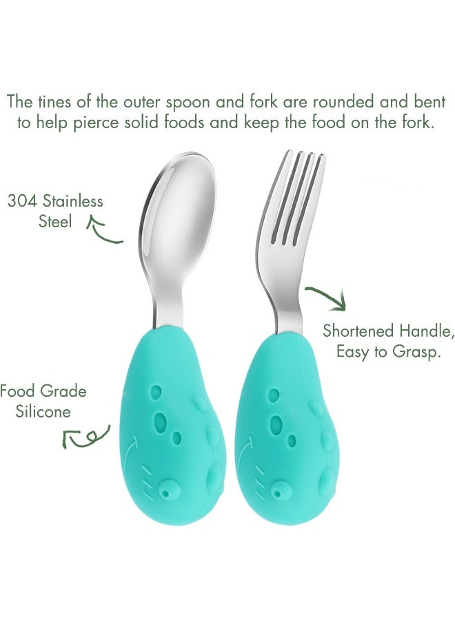 YIVEKO Baby Fork and Spoon Set with Carry Case Baby Training Utensils Self Feeding Toddler Silverware Silicone and Stainless Steel Kids and Toddler Utensil Set-Dinosaur - Image 3